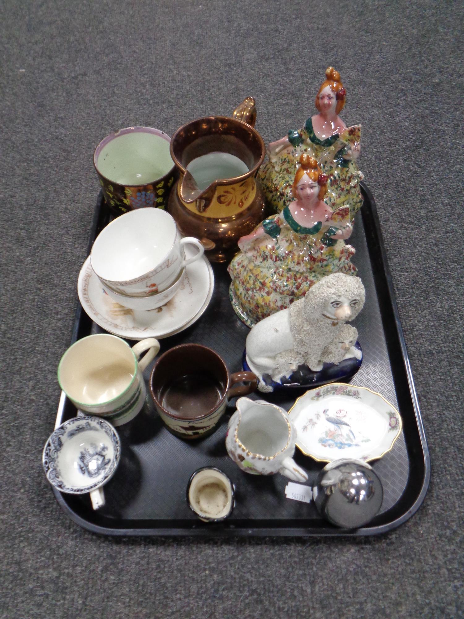 A tray containing antique and later china to include Staffordshire style dog,