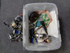 A box containing a large quantity of fishing accessories to include multiplier and fix spooled