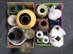 Two boxes containing contemporary china and ceramics to include vases, flower pots,