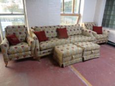 A good quality five piece Plumbs Prestige lounge suite upholstered in a floral Art Deco fabric