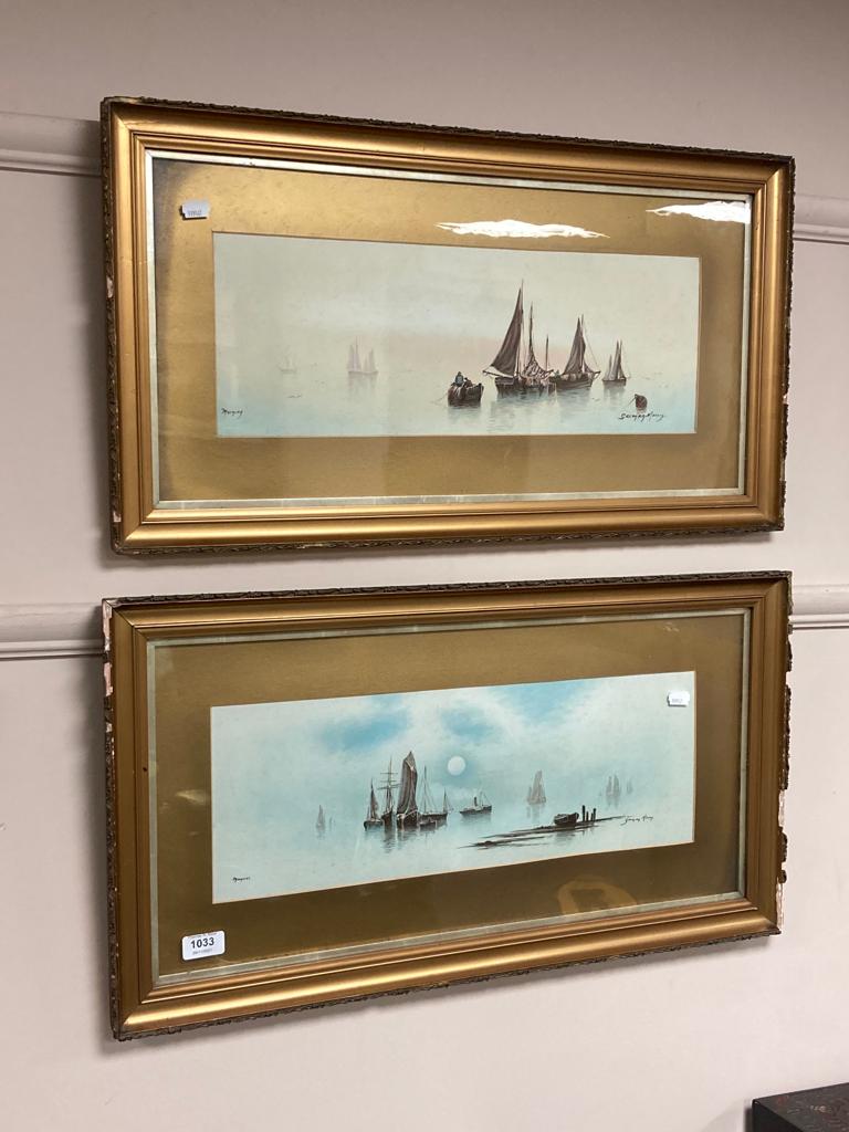 Garman Morris : Moonrise and Morning, a pair of watercolours, 50 cm x 18 cm, both parts framed.