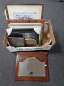 A box containing assorted pictures, prints, picture frame,