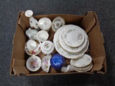 A box containing miscellaneous china to include Royal Albert Haworth tea china, Coalport Ming Rose,