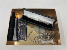 A box containing Rotary wristwatch, coins and commemorative crowns, costume jewellery.