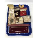 A tray of costume jewellery, lady's Timex wristwatch, gold plated Albert chain,