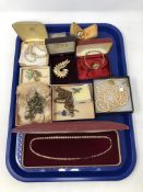A tray of costume jewellery, lady's Timex wristwatch, gold plated Albert chain,