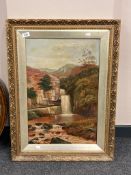 H W Baker : Waterfall with mountains beyond, oil on canvas, 40 cm x 60 cm, dated 1904, framed.