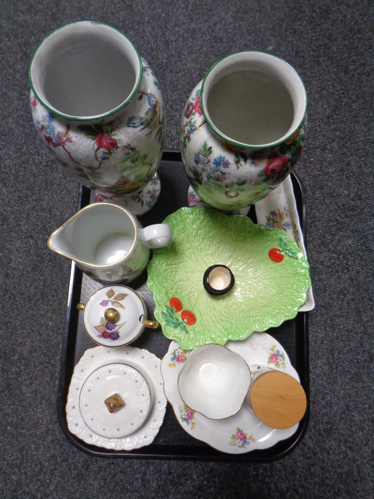 A tray containing early 20th century and later ceramics to include pair of transfer printed floral