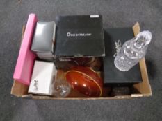 A box containing boxed and unboxed glassware to include a cut glass lead crystal decanter,