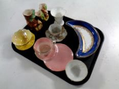 A tray containing assorted ceramics to include a Maling lustre teacup with sandwich plate saucer,