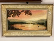 Twentieth century school : Sunset across a lake, oil on board, 36 cm x 19 cm, indistinctly signed,