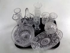 A tray containing assorted glassware to include cut glass and lead crystal vases, fruit bowl,