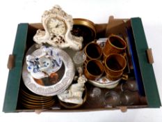 A box containing miscellaneous to include china plates, Blatons pottery mugs, glass hand bell,