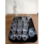 A tray containing liqueur decanter with stopper together with assorted lead crystal drinking