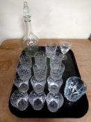 A tray containing liqueur decanter with stopper together with assorted lead crystal drinking