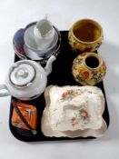 A tray containing assorted ceramics to include Indian Tree vases, Czechoslovakian tea china,