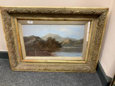 Marshall : View across a lake with mountains beyond, oil on board, 50 cm x 29 cm, signed, framed.