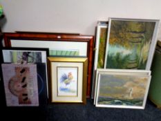 A large quantity of assorted framed pictures and prints, oils on canvas and board, Woodland scene,