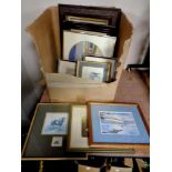 A box containing early 20th century and later framed prints, framed needlework panel,