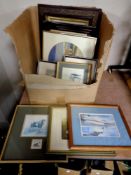 A box containing early 20th century and later framed prints, framed needlework panel,