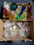 Two boxes containing 20th century glassware to include pink glass dessert set, cut glass vases,