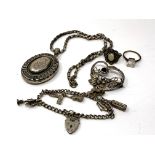 A late Victorian silver locket on belcher-link chain, together with a charm bracelet, brooch,