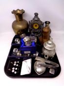 A tray containing antique and later metal wares to include Indian brass vase,