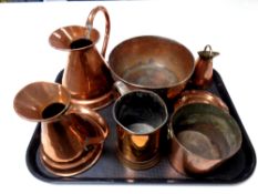 A tray of antique and later copper ware : jugs, tankard,