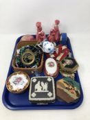 A tray containing lidded trinket pots, costume jewellery, picture frames etc.