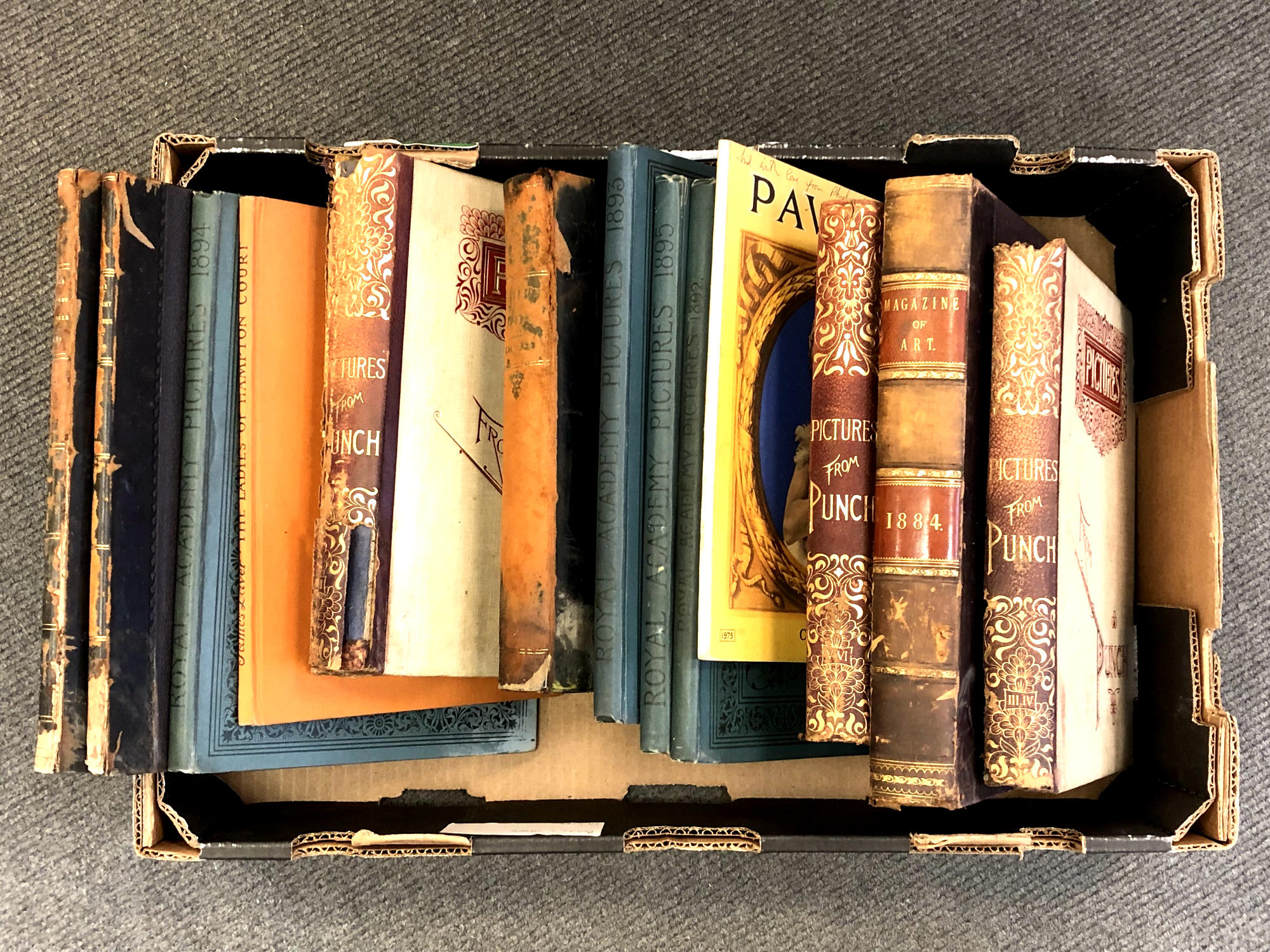 A box of antiquarian volumes including Pictures of the Royal Academy, Pictures from Punch etc.