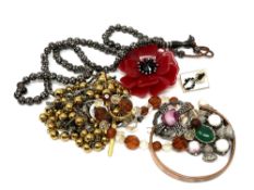 A small quantity of costume jewellery, brooch, necklaces,