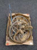 A box of two antique pulley wheels,