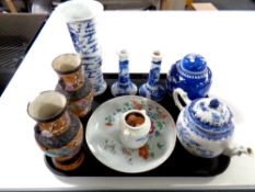 A tray of antique and later oriental wares to include blue and white vase bearing Kangxi four