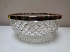 A cut glass silver rimmed bowl, London 1901, diameter 23cm.