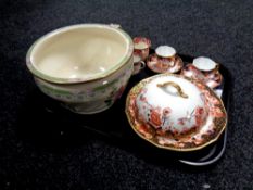 A tray of antique ceramics to include pair of Royal Crown Derby teacups with saucers, muffin dish,