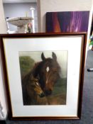 A print, mare with foal, framed,