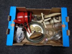 A box of antique and later kitchenalia : scales with weights, horse brasses, storage jars,