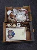 Two boxes of Bohemia tea china, dog figures, miniature wash jugs and basins,