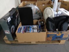 Two boxes of quantity of electricals including floor and table fans, massage cushions, DVD,