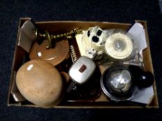 A box of kitchen electricals, copper lidded pan, candlesticks,