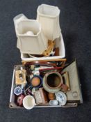 Two boxes and a basket of assorted ceramics, framed map of Northumberland, kitchenalia, utensils,