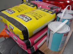 20 kg bags of Ultra Tile Fix adhesive together with three tins of Leyland Trade wall and ceiling