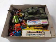 A box of assorted toys to include 20th century die cast vehicles to include a boxed Dinky Toys 954