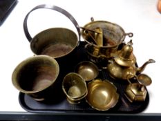 A tray of antique and later metal ware : cast iron handled jam pan, planters, Eastern teapot,