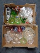 Two boxes of antique and later glass ware : chemist's bottles, art glass vase,