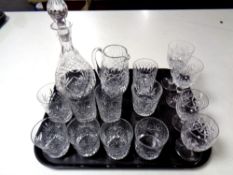 A tray of cut glass ware and lead crystal - decanter, wine glasses,