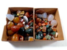 Two boxes of a quantity of polished stones, scarab beetle seals, Roman coin etc.