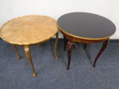 A circular walnut pie crust edge occasional table and one further (2)