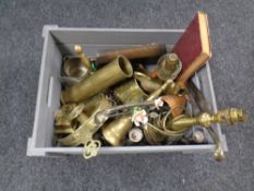 A box of miscellania : antique brass ware, show stretchers,