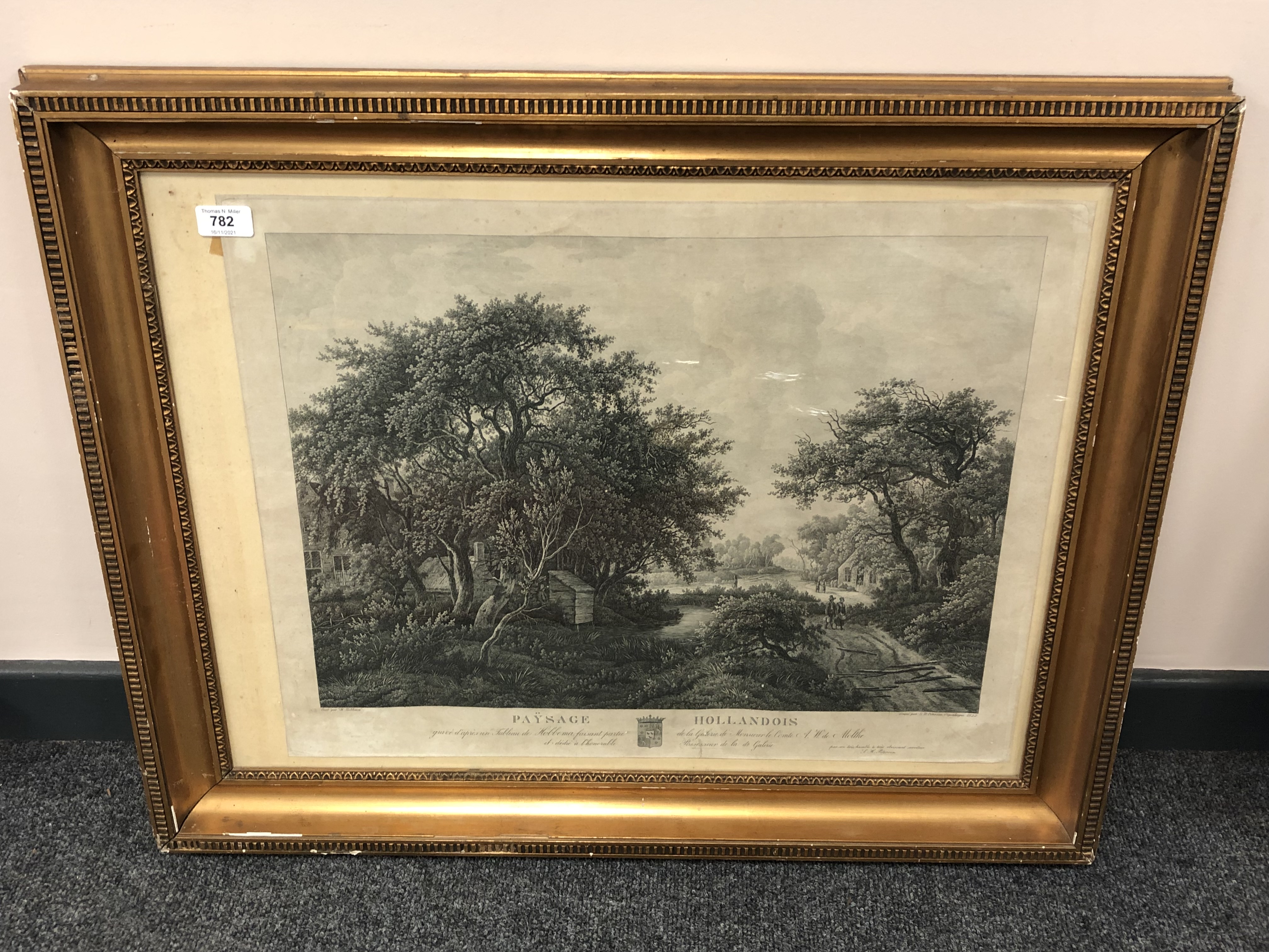 A 19th century continental monochrome print depicting figures in woodland,